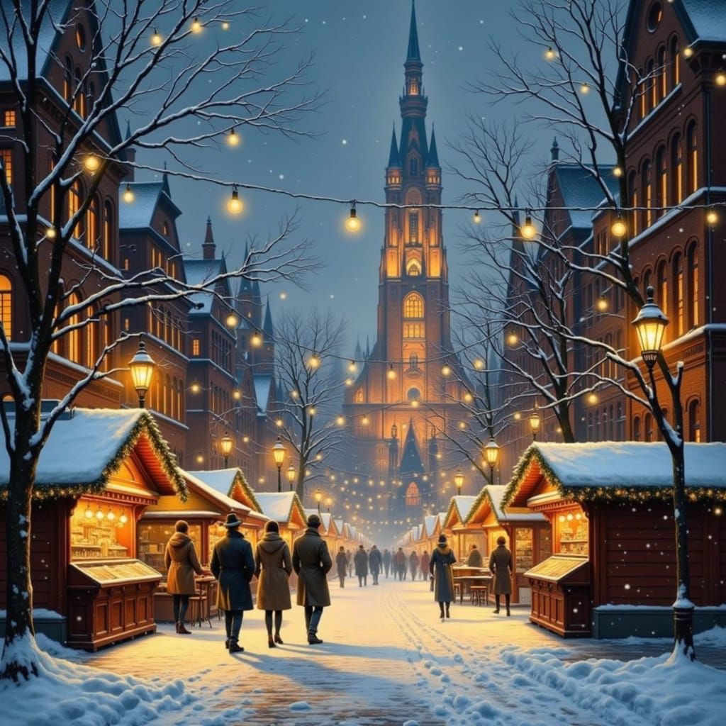 Snowy European Christmas Market at Dusk, Painterly Style