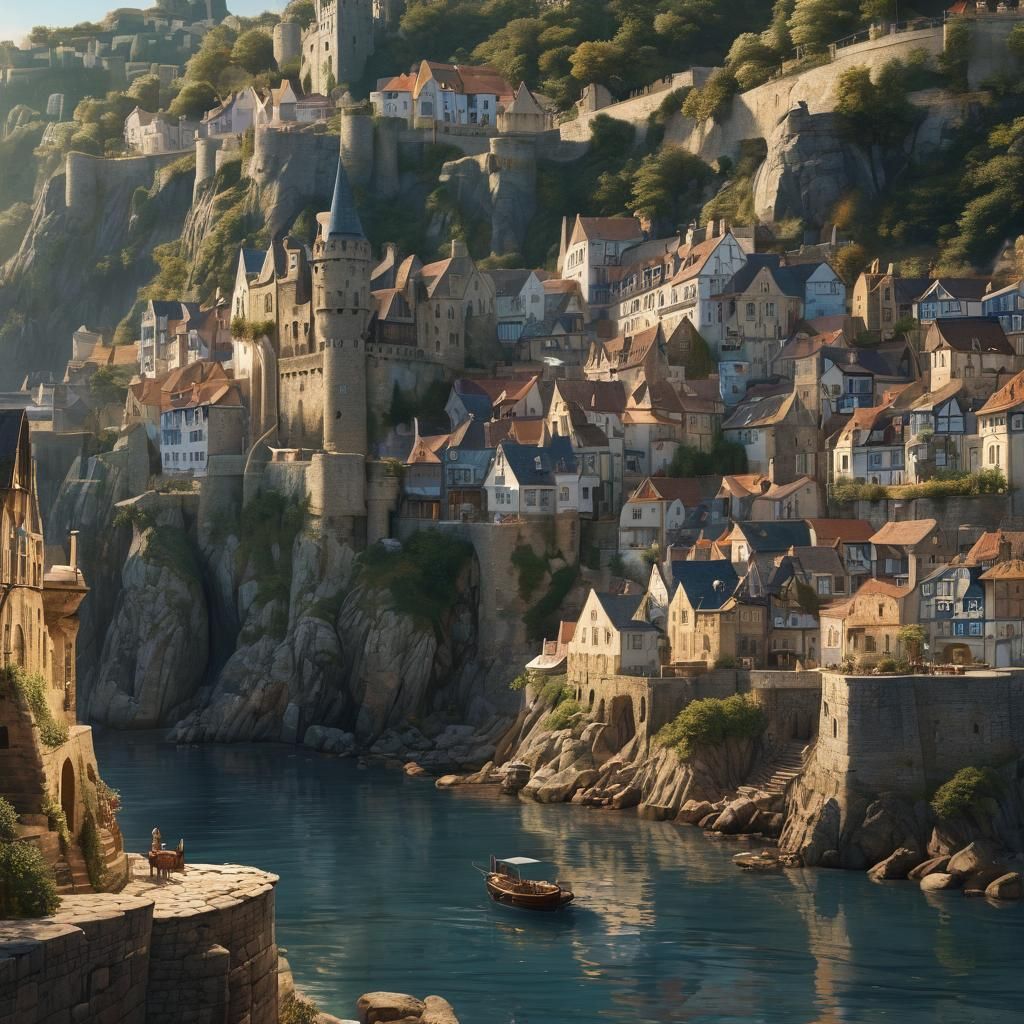 Medieval Seaside Town with Castle: Fantasy Concept Art
