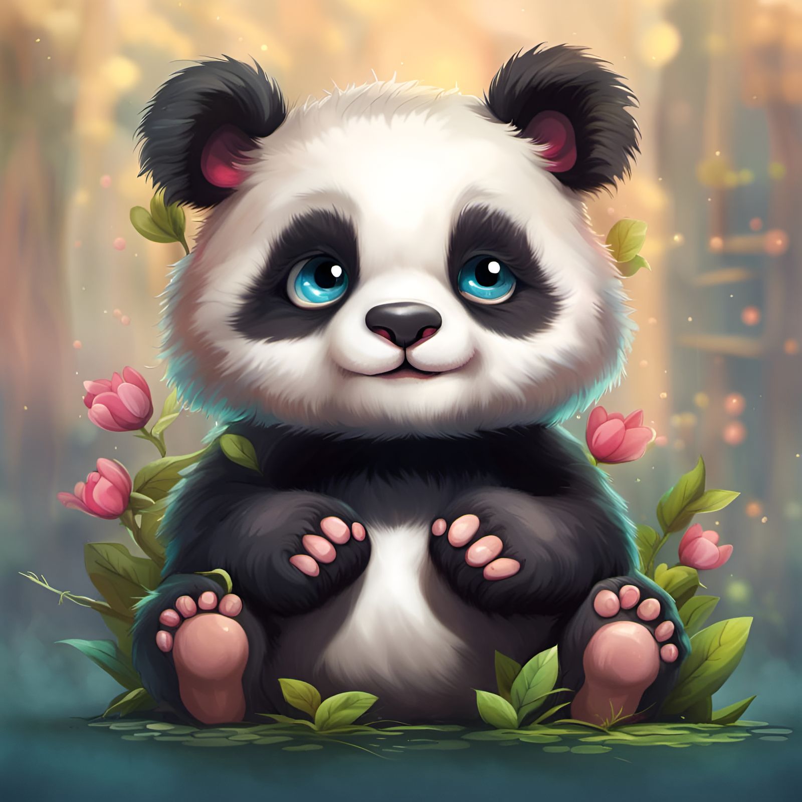Cute Chibi Panda Plays Peek-A-Boo: Detailed Digital Art