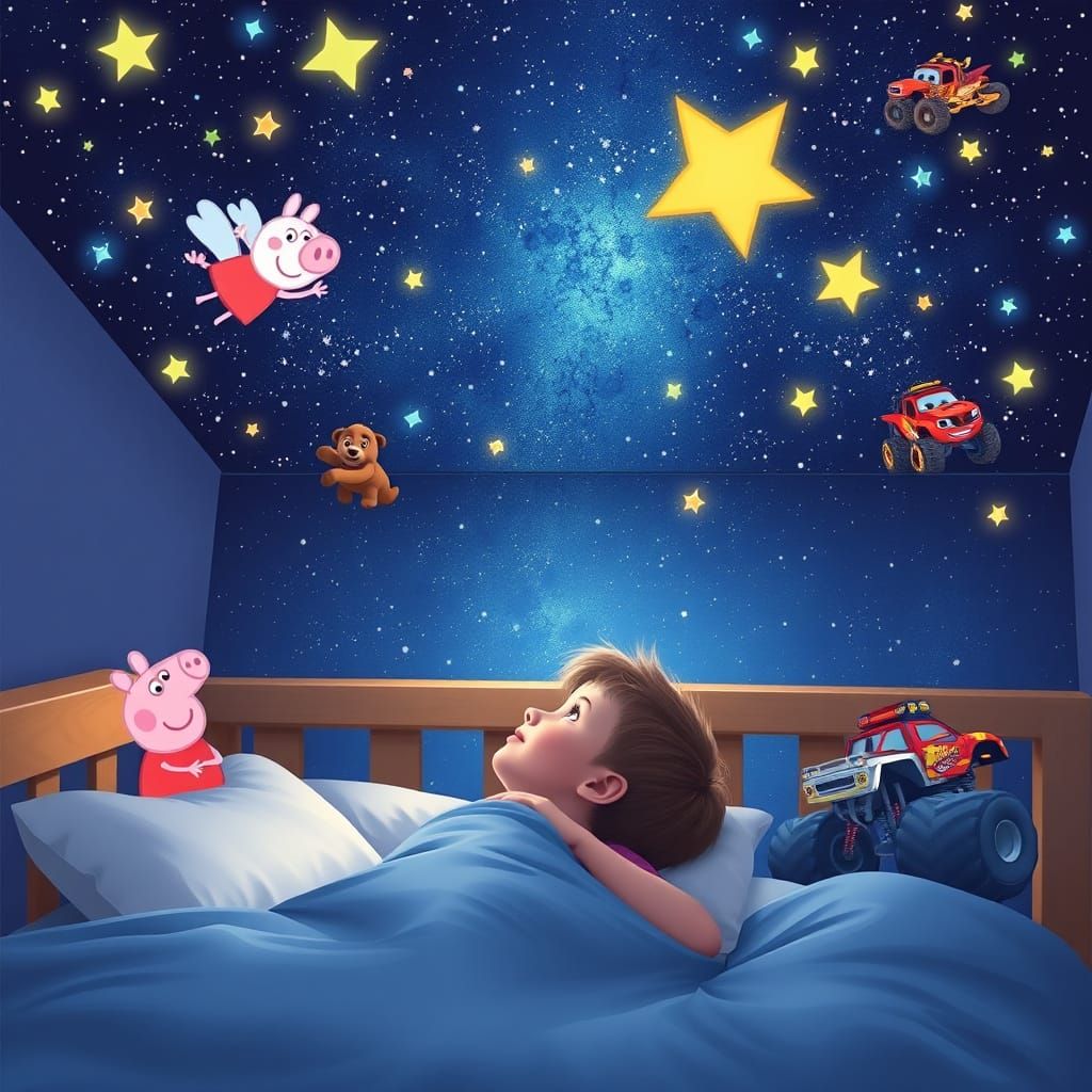 Child's Dream: Starry Sky with Cartoon Friends