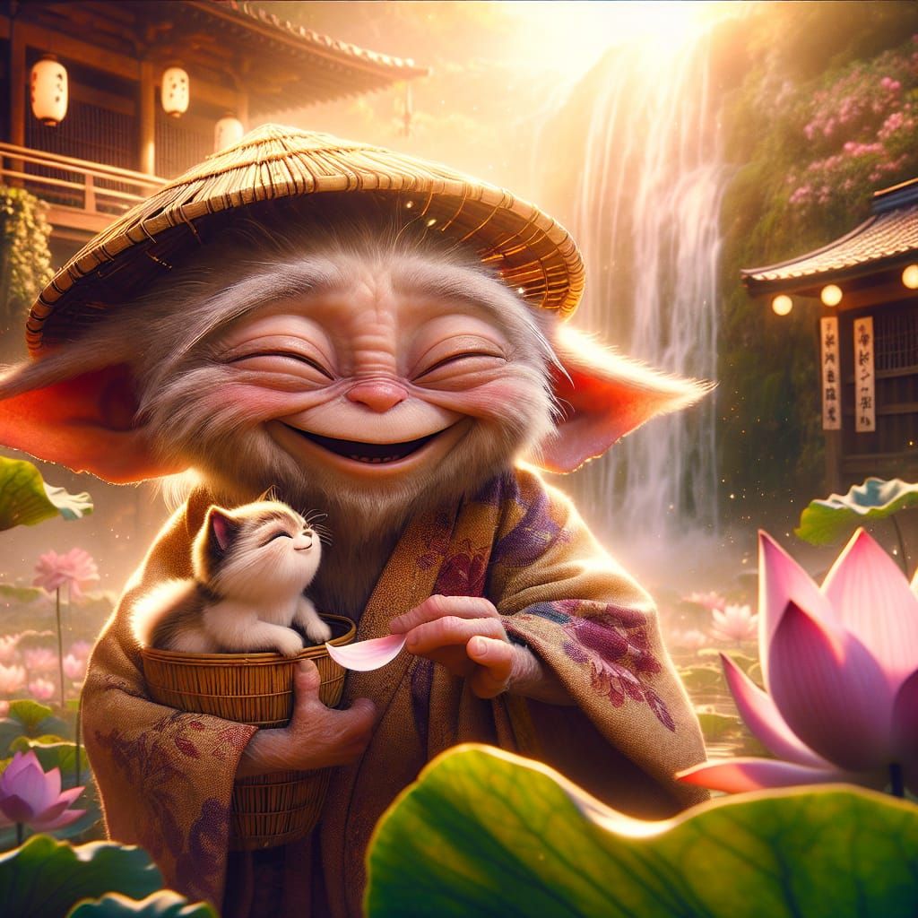 Gremlin Offers Lotus to Cat in Japanese Garden