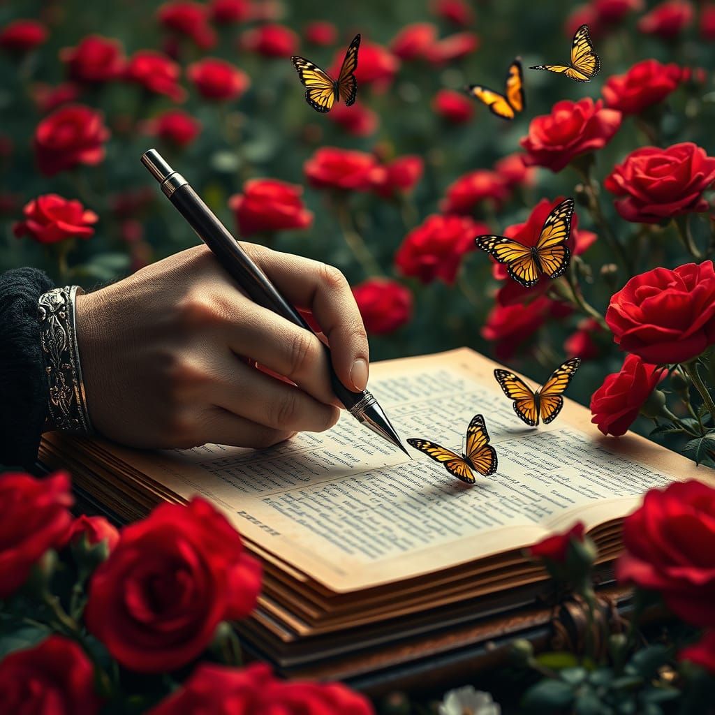 Golden Dog Chasing Butterflies in a Field of Red Roses