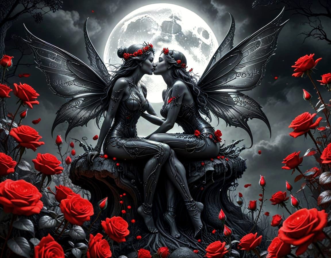 Moonlit Fairies Kissing in Graphite Pencil Drawing