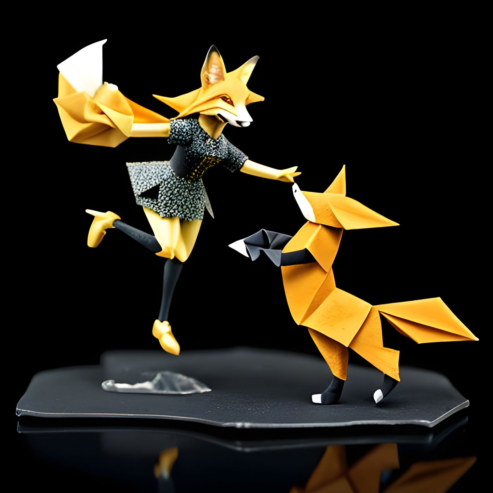 Cheerful Origami Lady Dancing with Fox