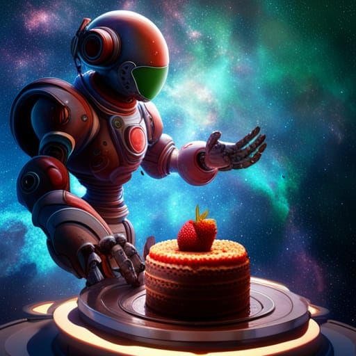 Mystic Robot Baking Cake with Cosmic Background