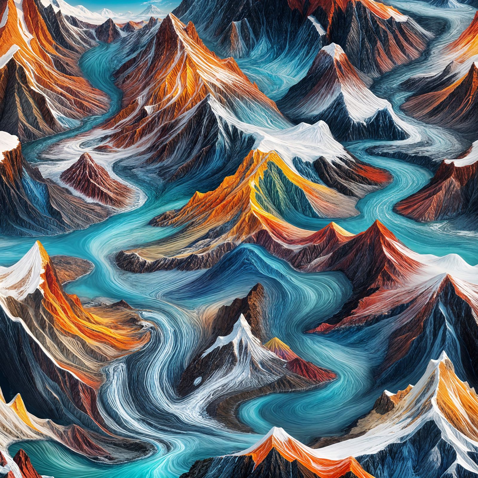 Surreal Snowy Mountains with Volcanoes and Glittering Crysta...