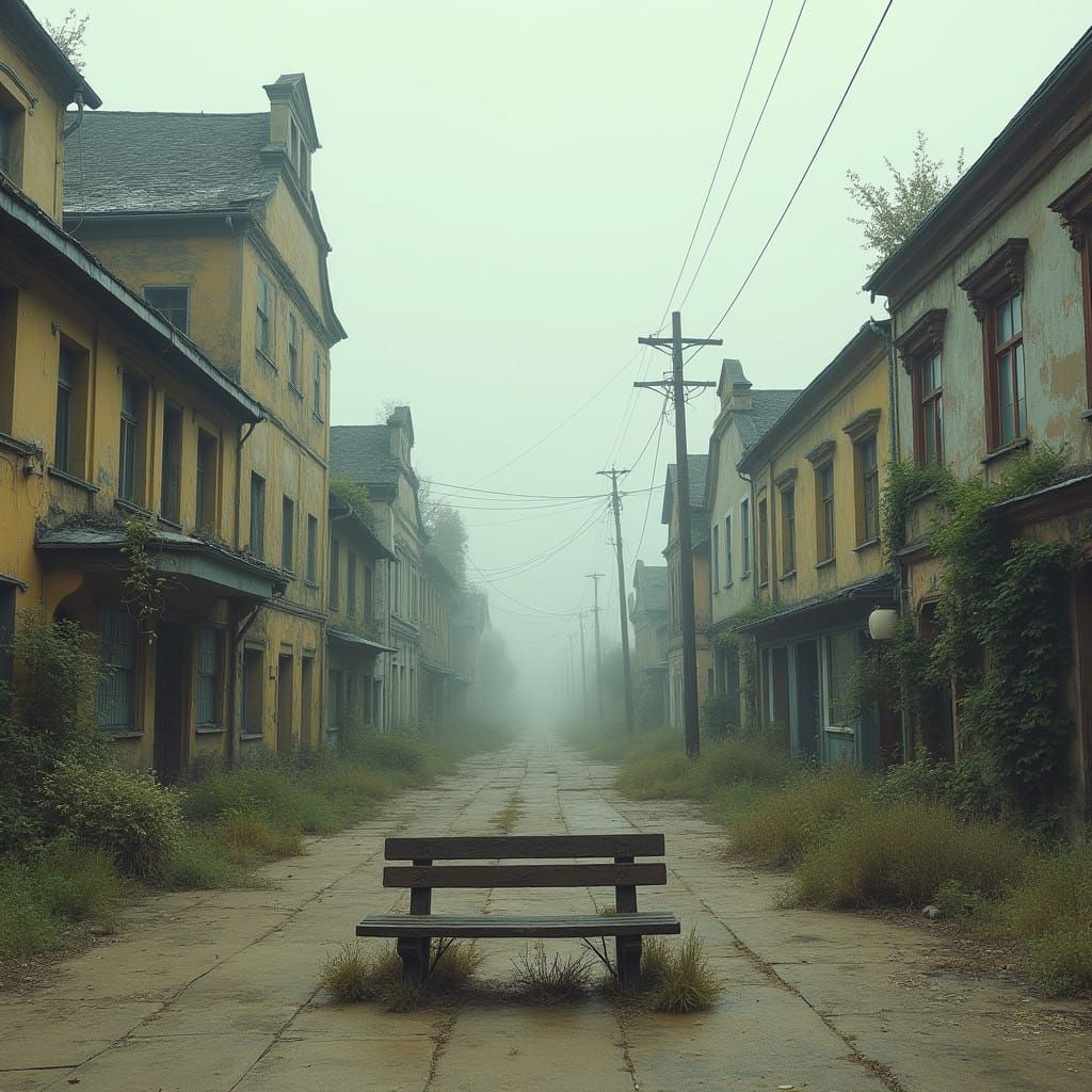 Forgotten Bench in Deserted Futuristic Town