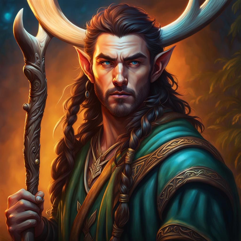 Hyperrealistic Elf Druid with Antler Staff