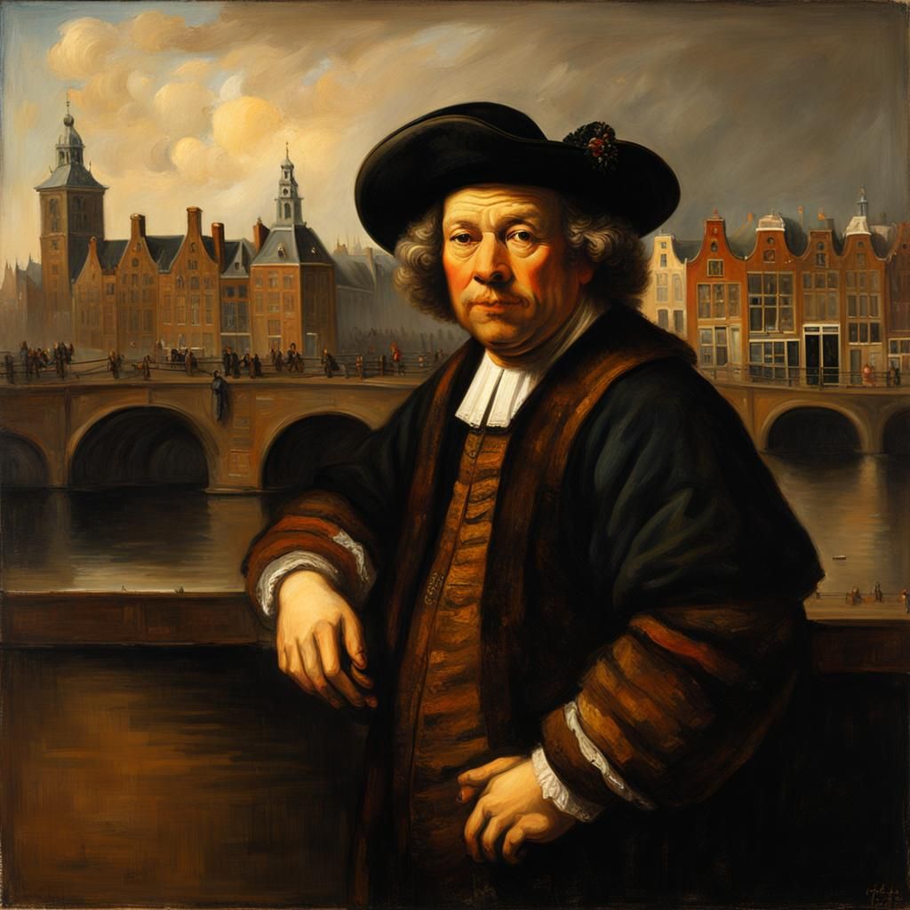 Rembrandt Style Self-Portrait with Amsterdam Backdrop