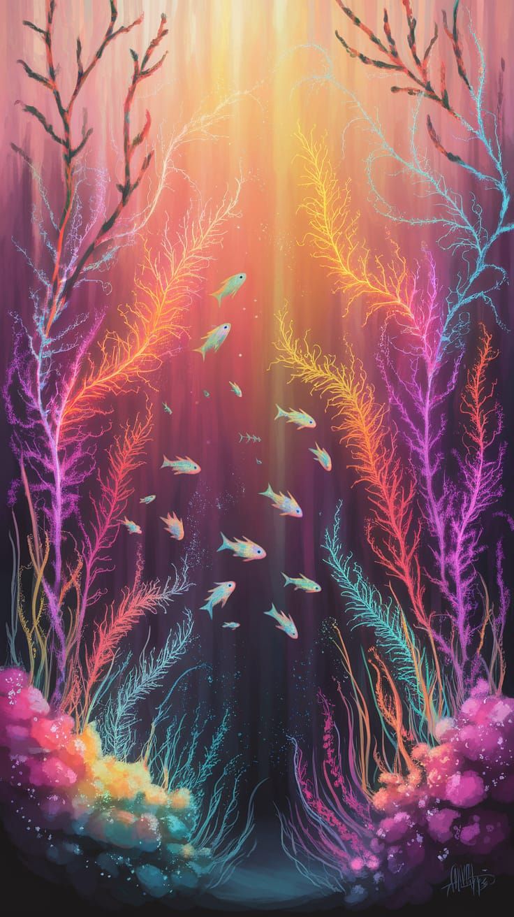 Surreal Underwater Garden Blooms with Glowing Plants in Drea...