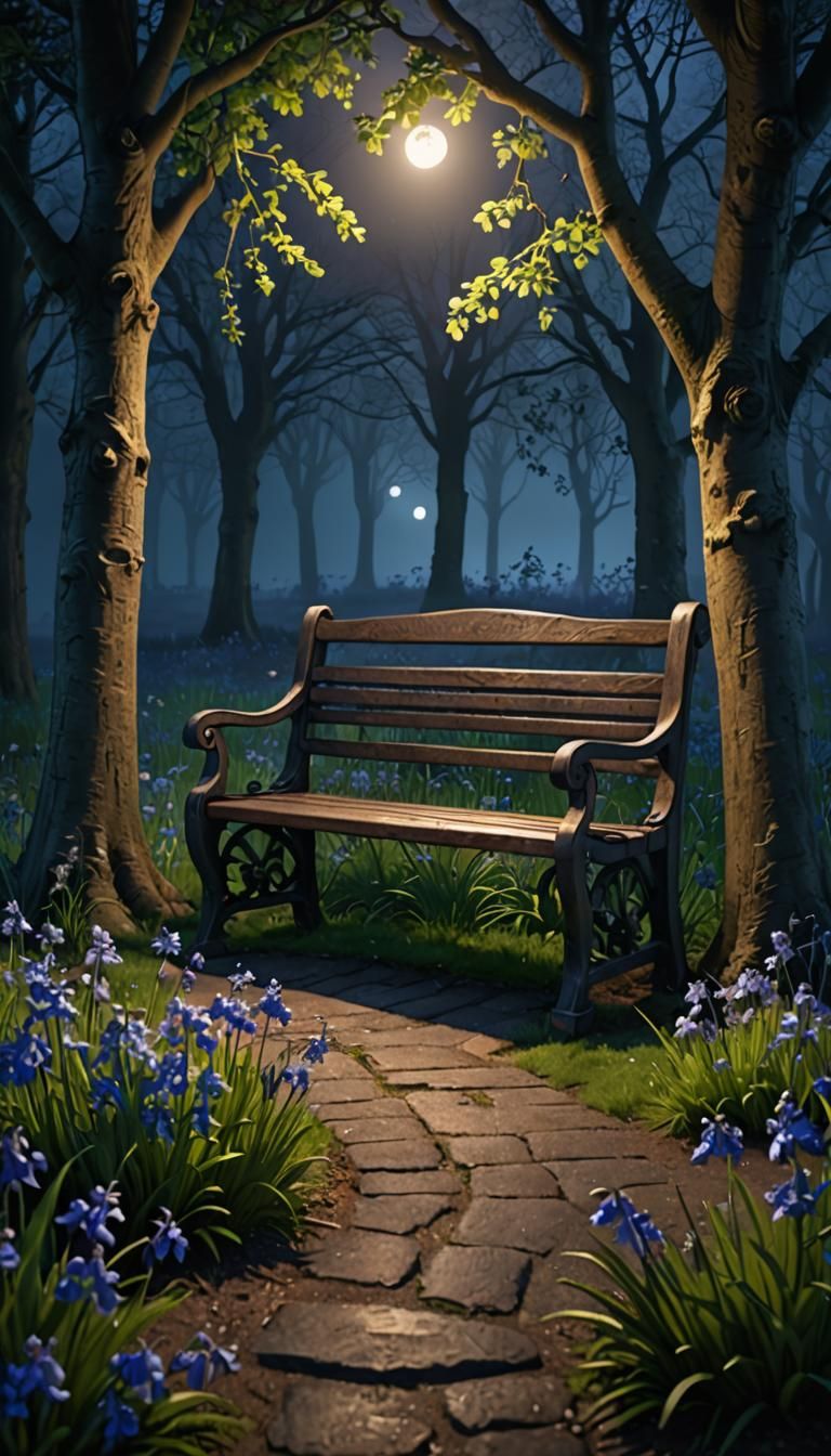 Romantic Bench in Moonlit Bluebell Garden
