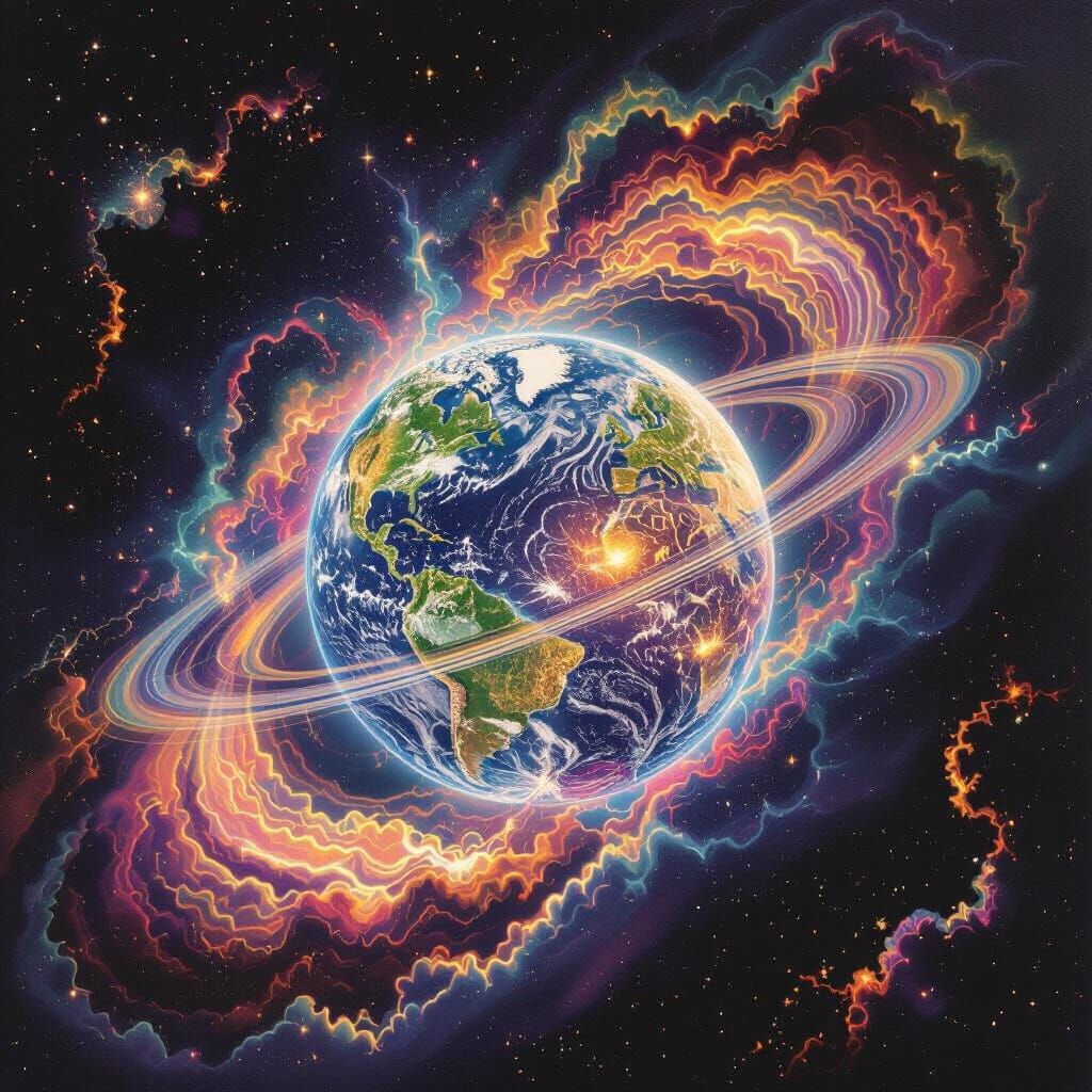 Psychedelic Earth Brain with Saturn Rings in Surreal Style