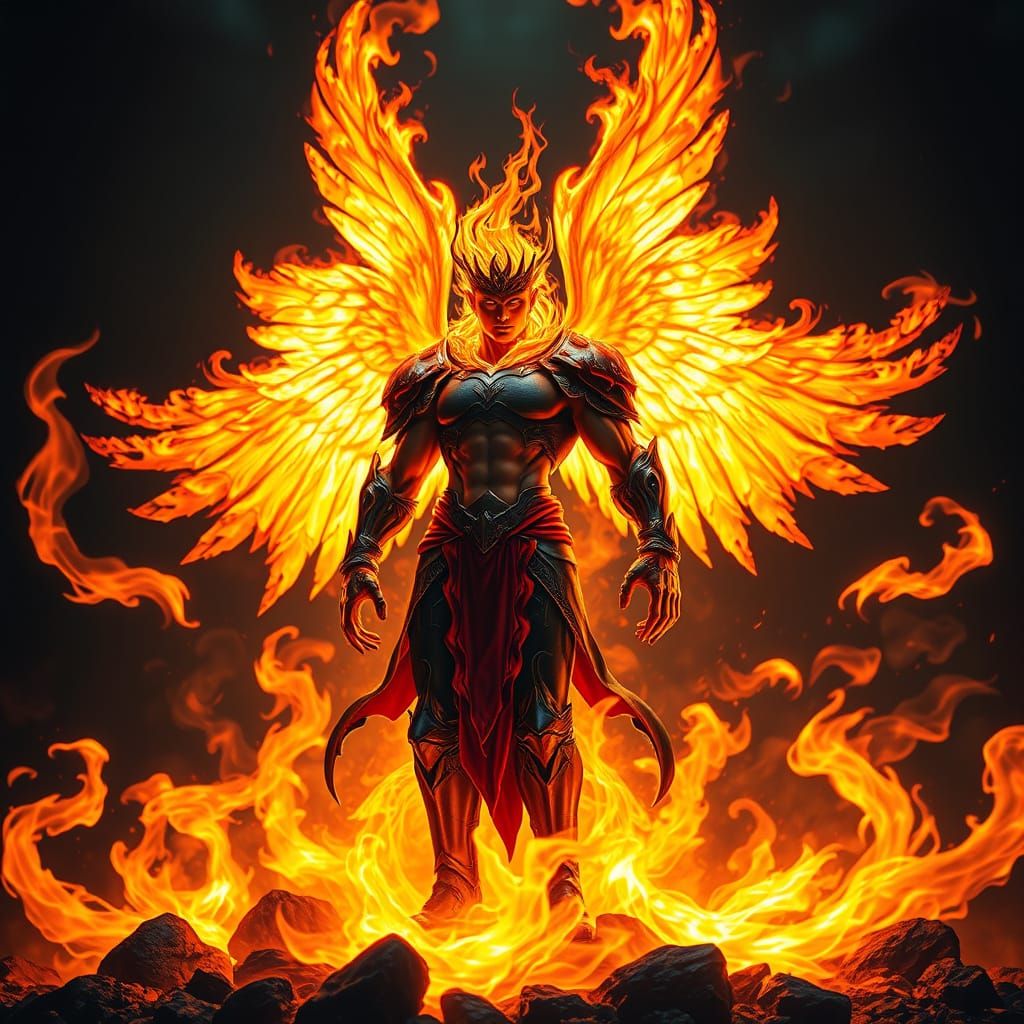 Majestic Fiery Angel in Mid-Action, Surrounded by Swirling F...