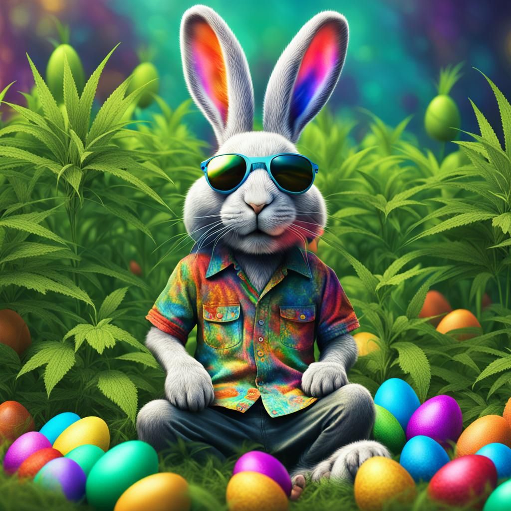 Hippie Bunny Hiding Easter Eggs: Hyperdetailed Concept Art
