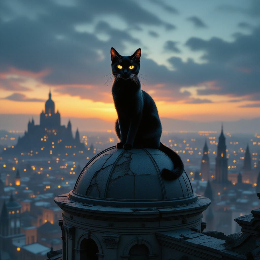 Obsidian Cat on Ancient Dome, Escher City Below