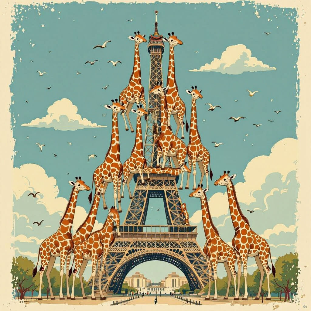 Eiffel Tower vs. 55 Giraffes: Whimsical Illustration