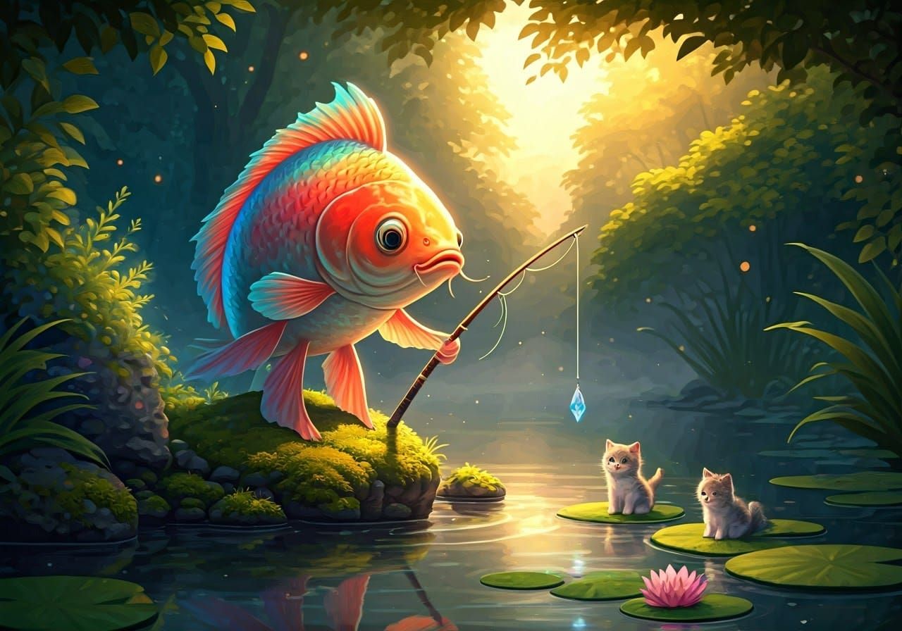 Koi Fish Fishing with Kittens in Pond Scene