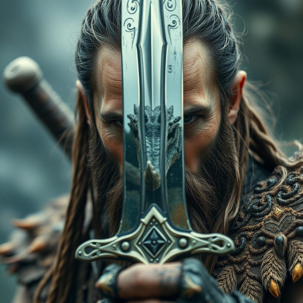 Druid Warrior with Dragon Reflection, Fantasy Art