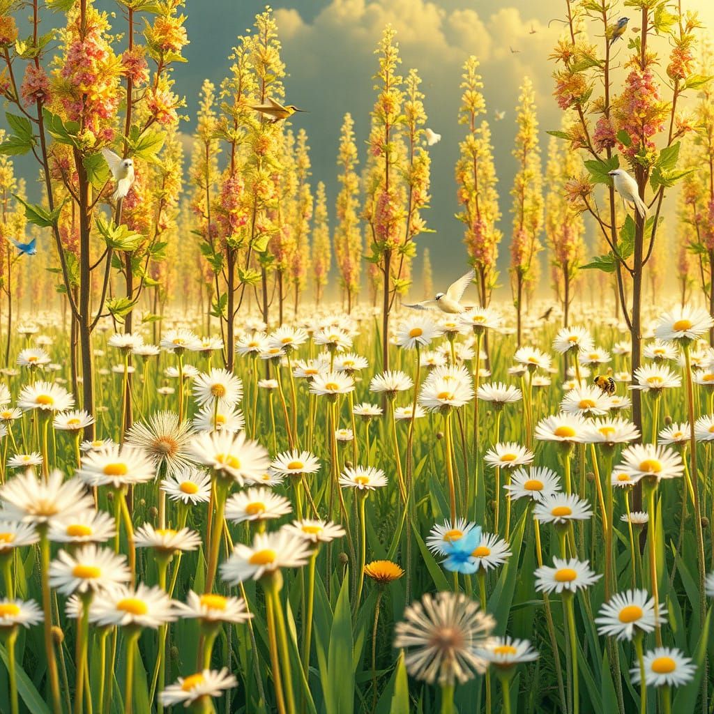 Whimsical Dandelion Field in Vibrant Colors
