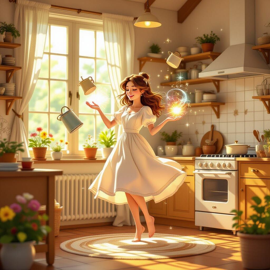 Woman Levitating Chores with Ethereal Magic in Cozy Cottage