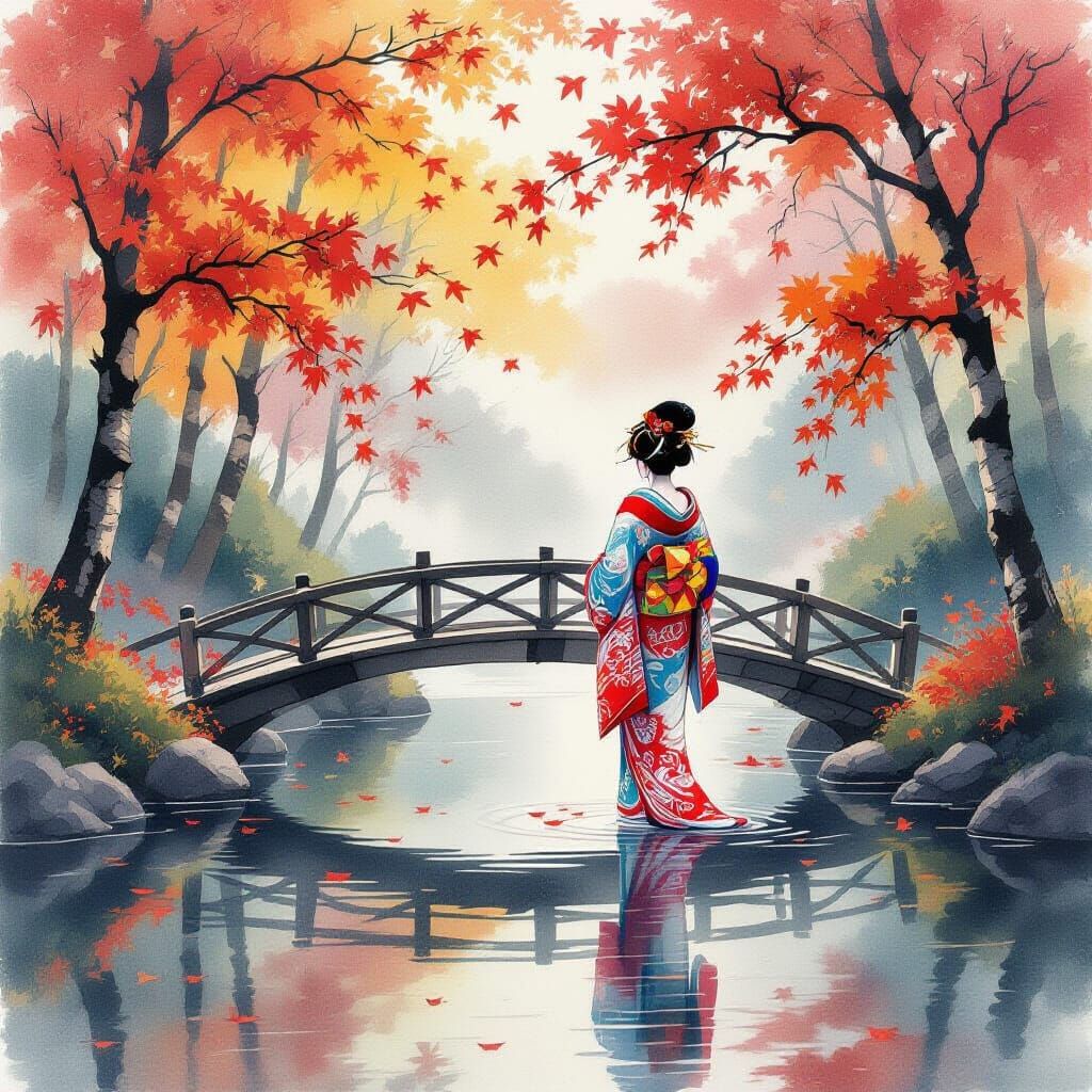 Geisha on Autumn Bridge Over Reflective Pond