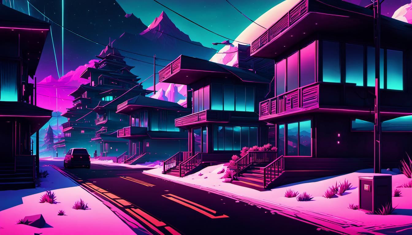 Vaporwave Town at Night with Neon Lighting