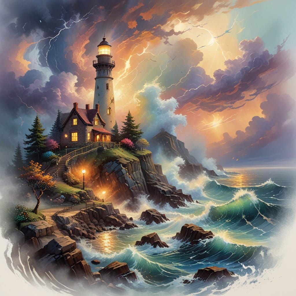 Stormy Coast Lighthouse: An Impressionist Gouache Painting