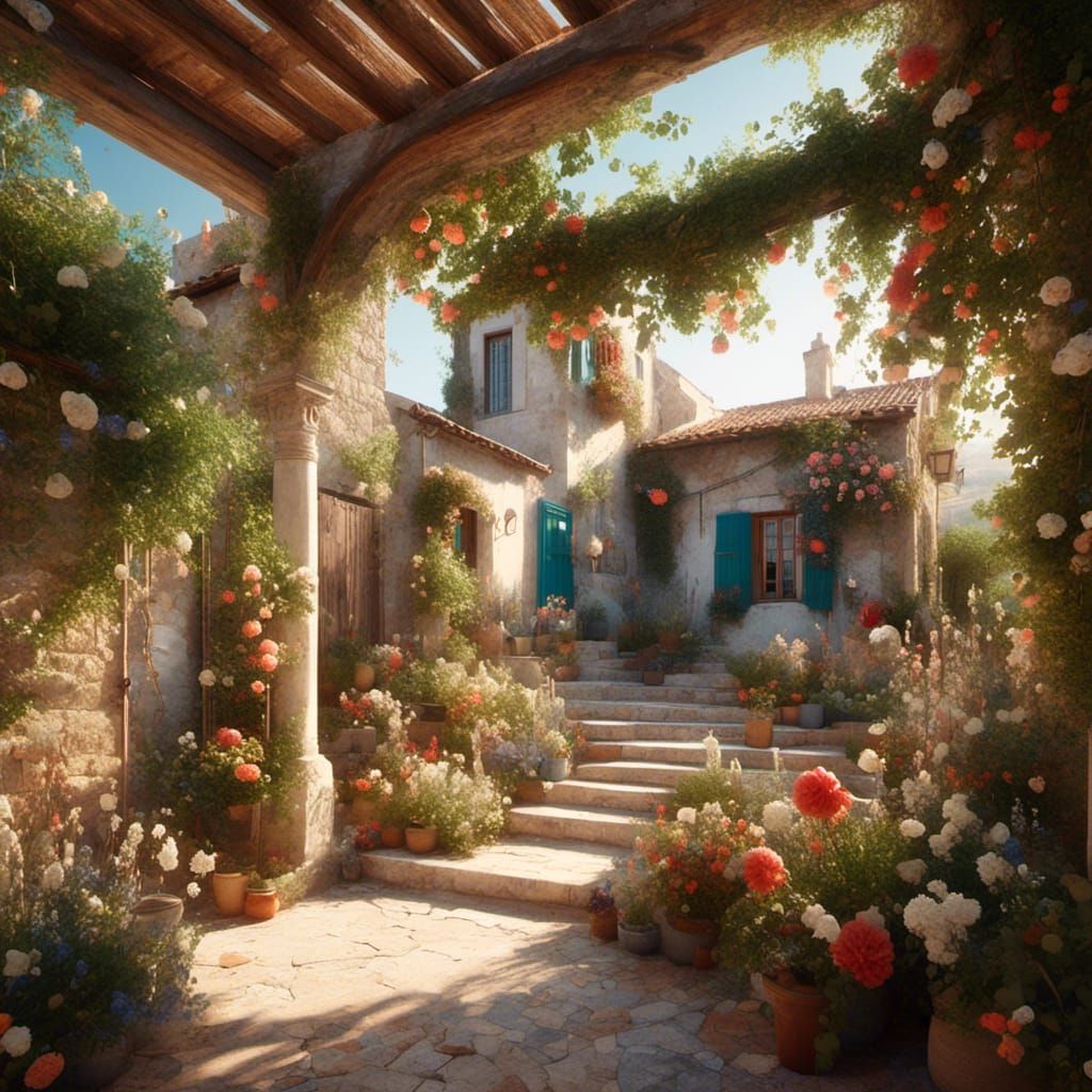 Mediterranean House Adorned with Flowers in Hyperrealism