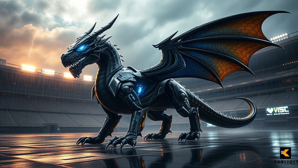 Futuristic Armored Dragon in Stadium, Hyperrealistic