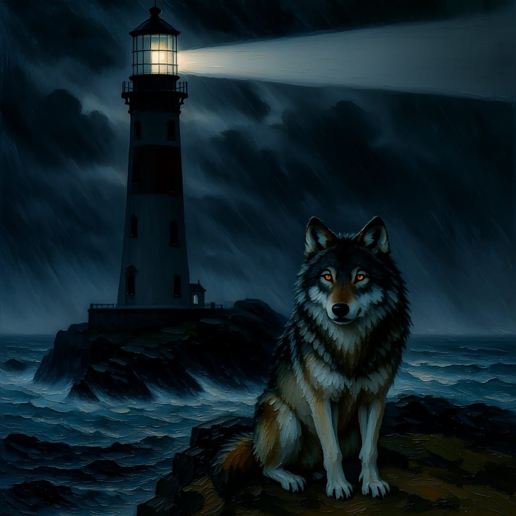 Majestic Lighthouse & Wolf in Stormy Sea, Impasto Oil Painti...