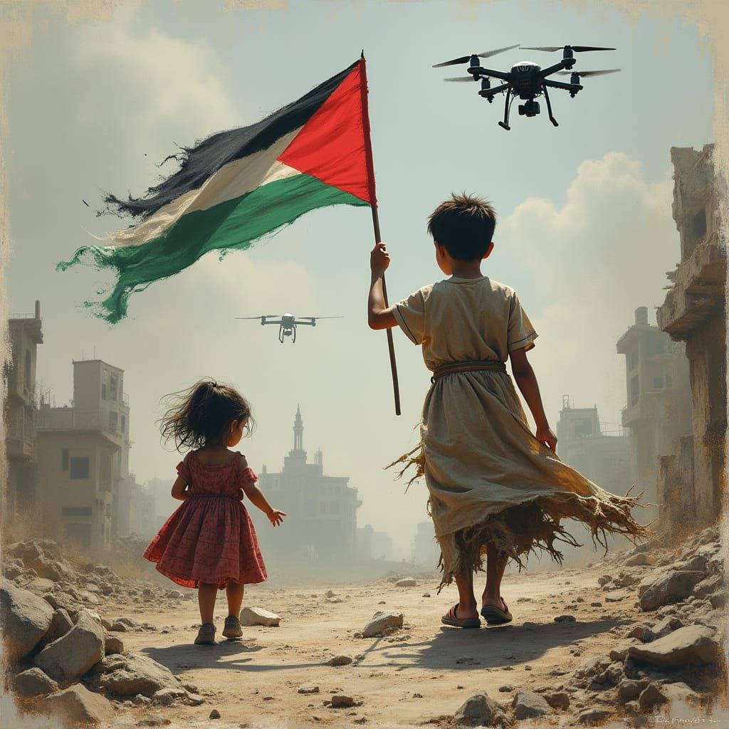 Distorted Gaza Landscape with Palestinian Children