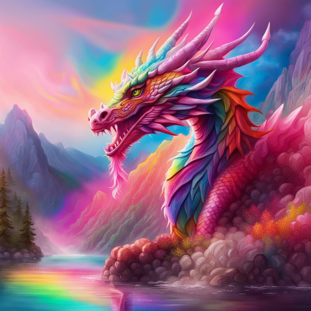 Colorful Dragon on Rainbow Lake: Hyperrealistic Splash Art