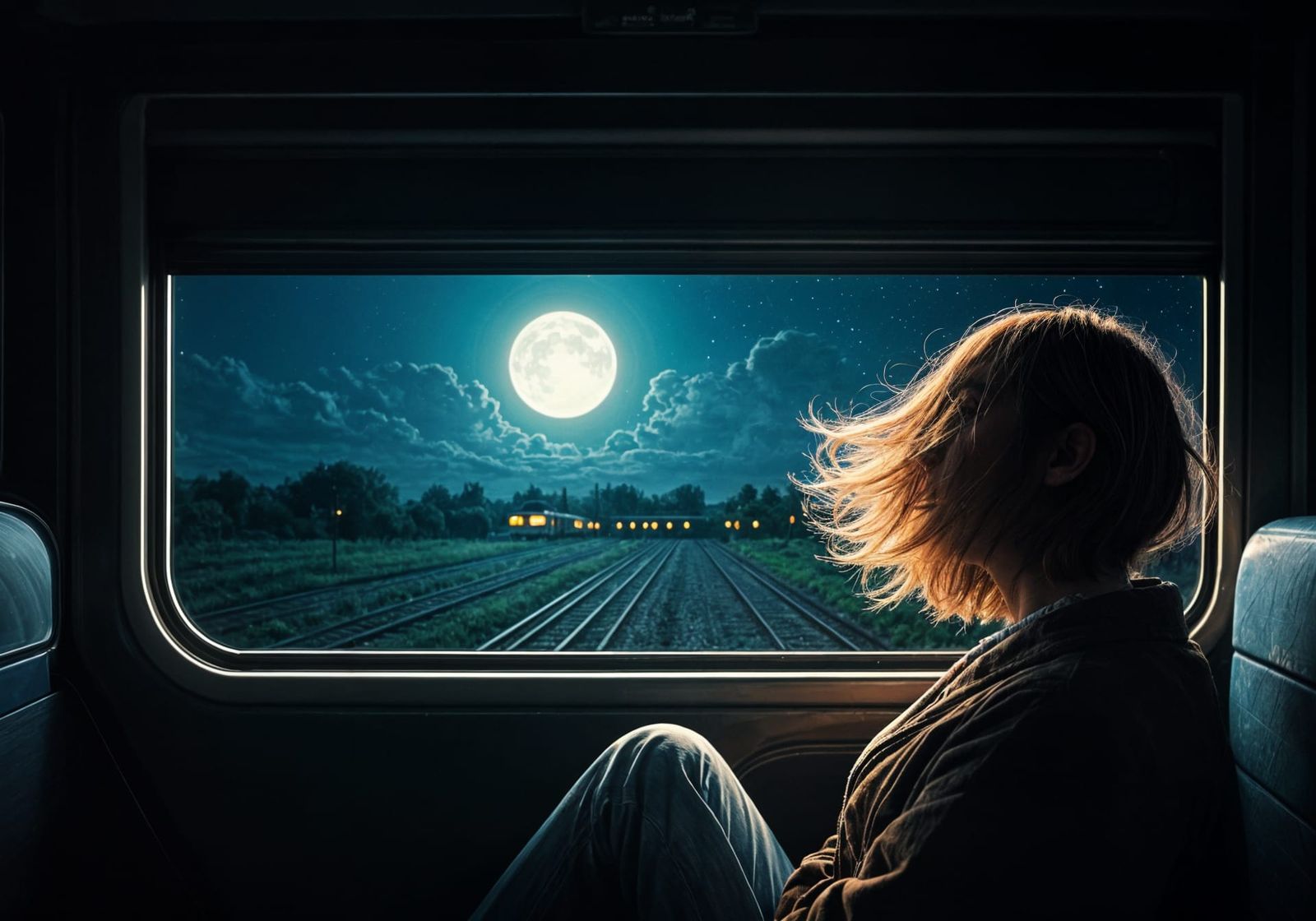 A Young Man's Nighttime Train Journey in a Lush Countryside