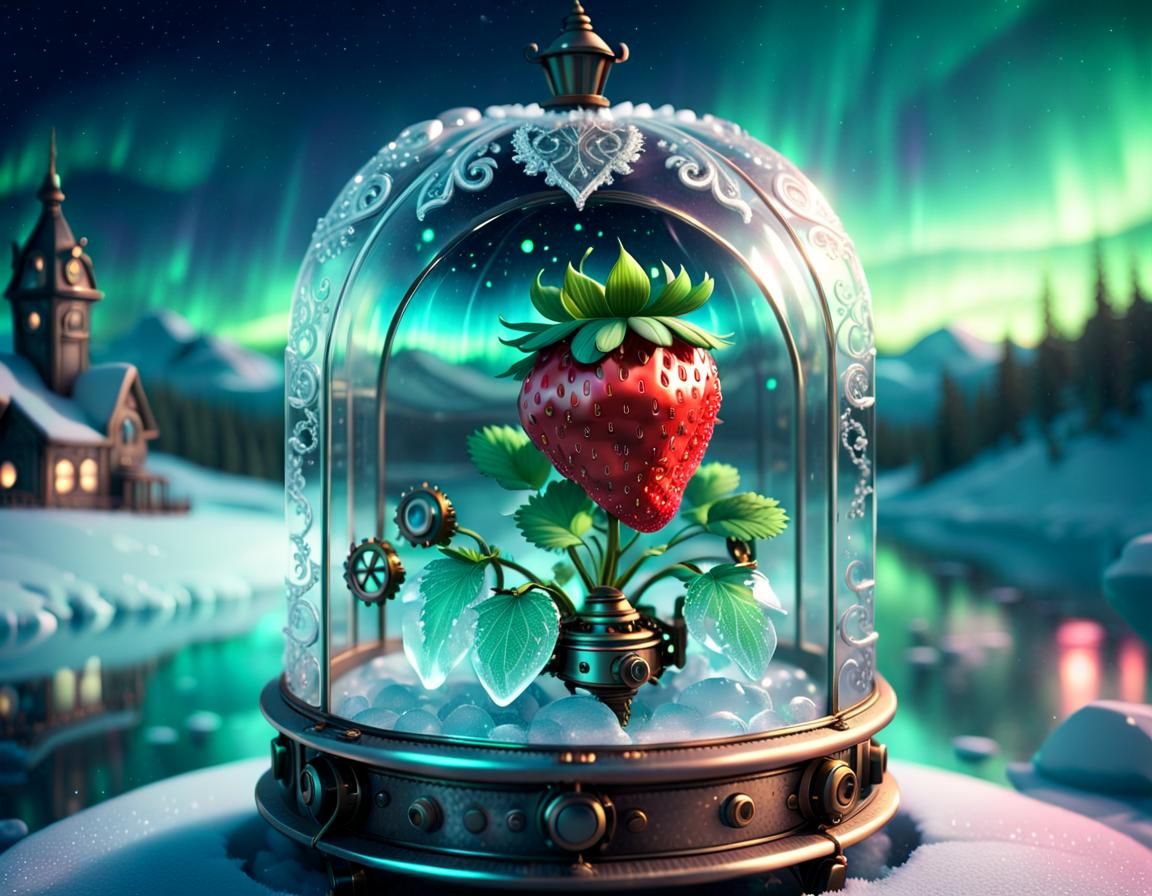 Steampunk Strawberry in Glass Box with Aurora