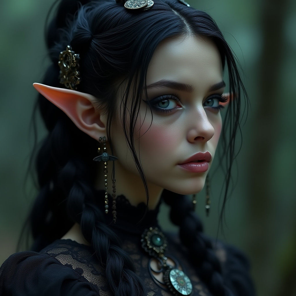 Gothic Elf Maiden with Raven Braids in Matte Painting Style
