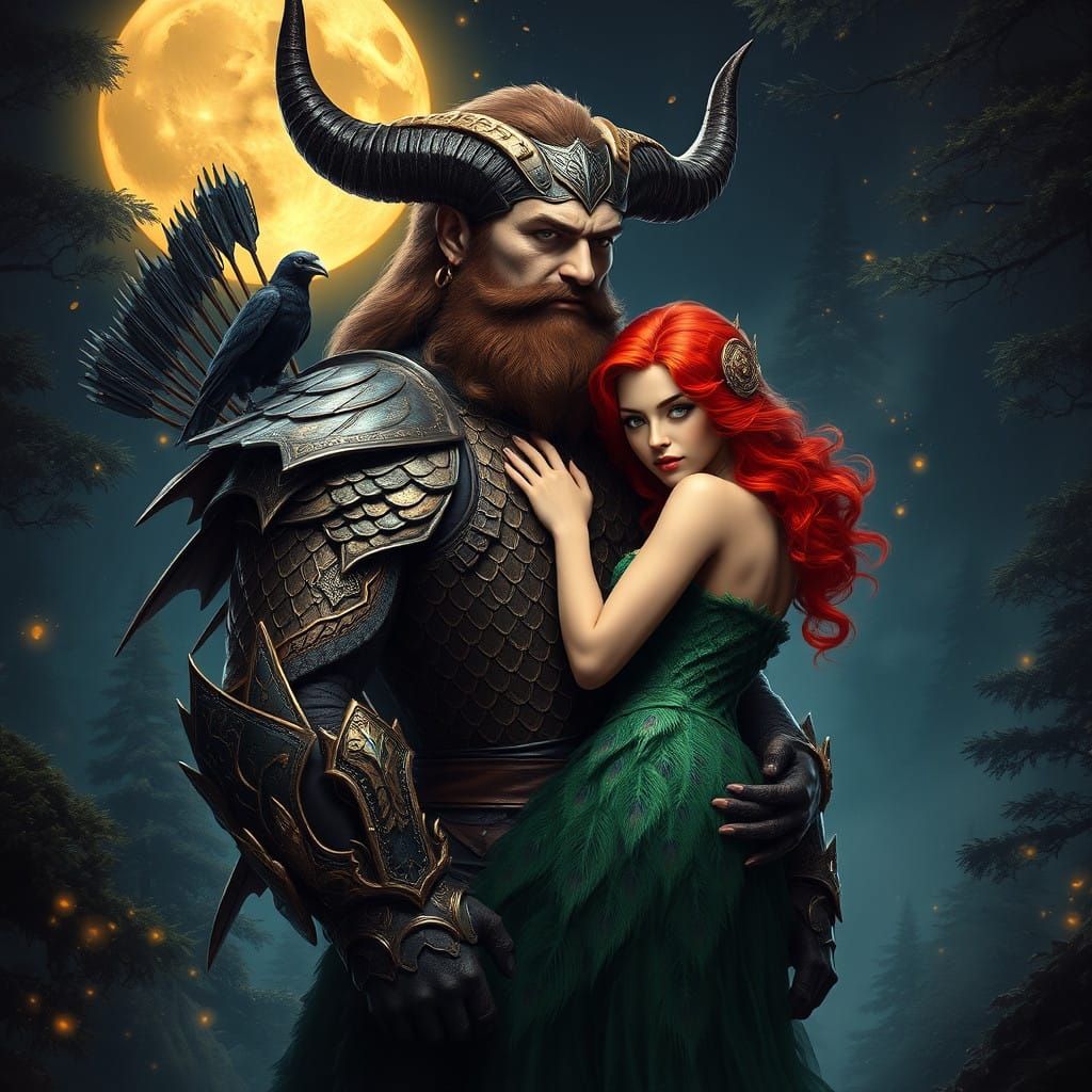 Epic Horned Warrior in Dragon Scale Armor with Raven and Mai...