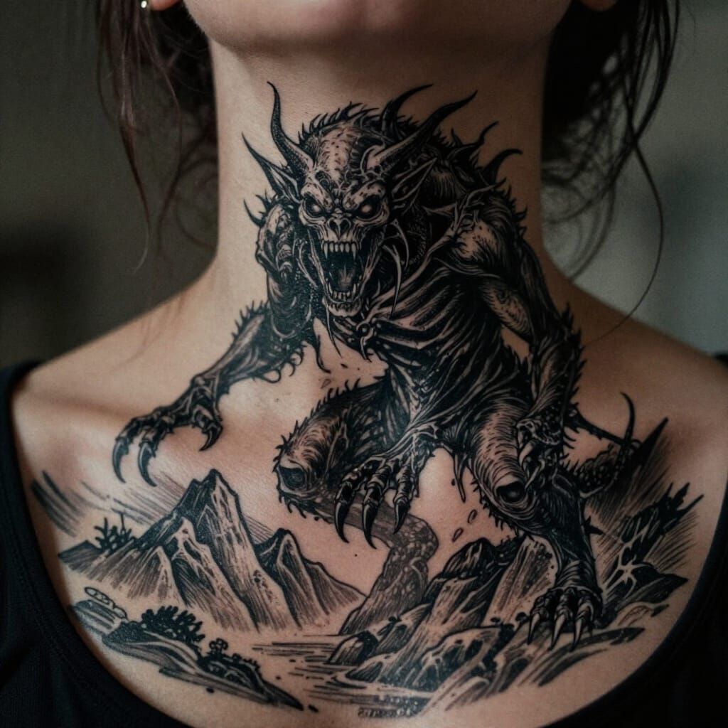 Dark Monster Tattoo on Neck in Gothic Style