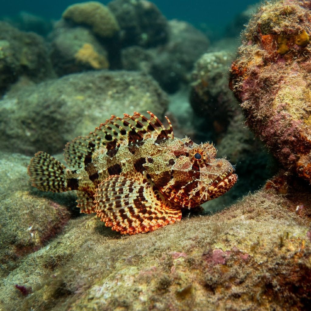 Photorealistic Scorpionfish Camouflaged in Coral Reef