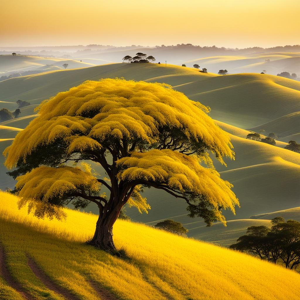 Golden Dawn Illuminates Splendid Mimosa Tree