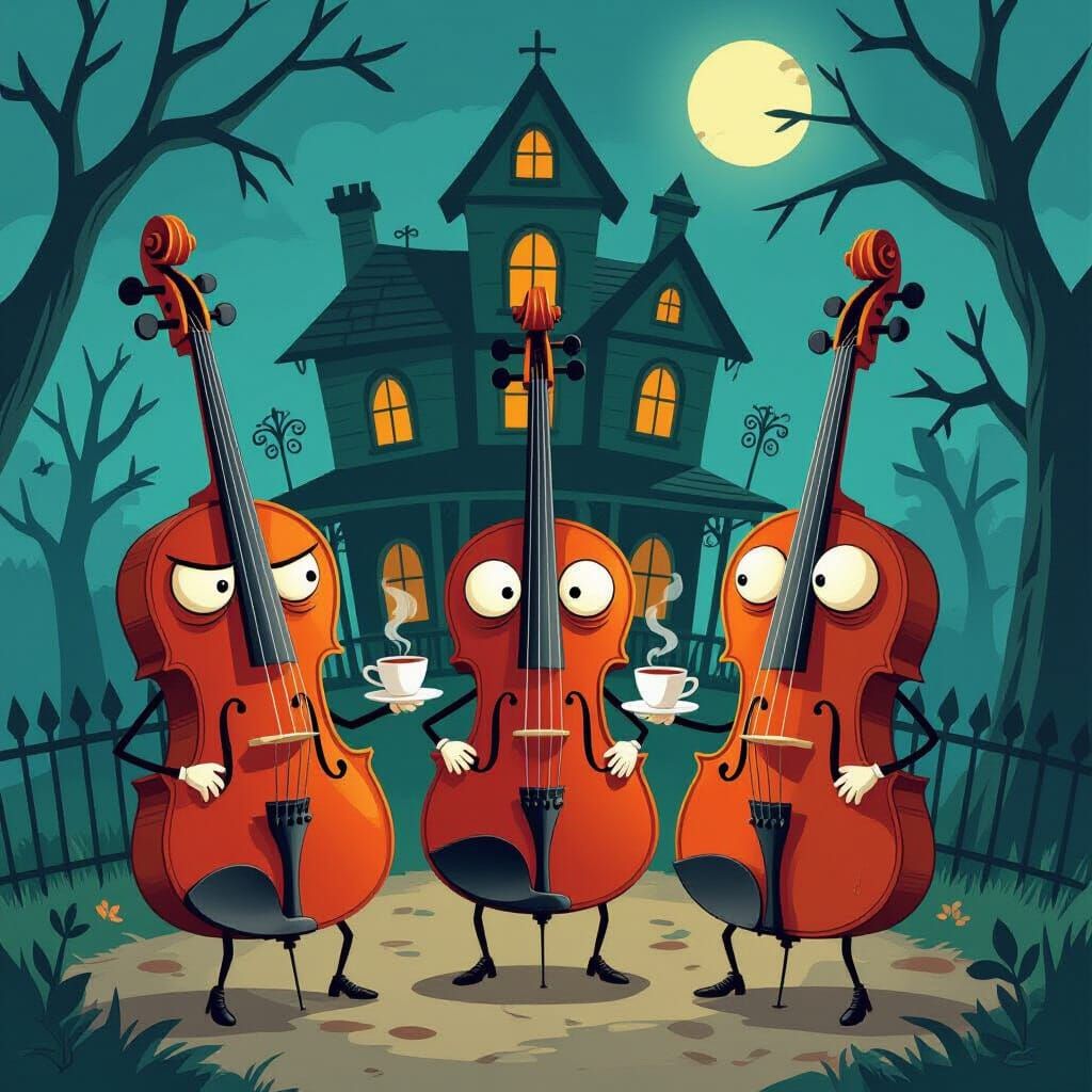 Frazzled Musical Instruments Sip Tea in Haunted House