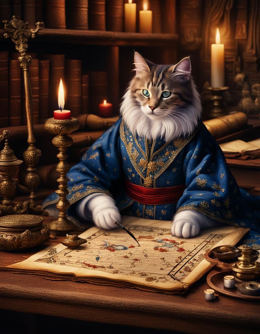 Medieval Cat Scribe in Detailed Matte Painting