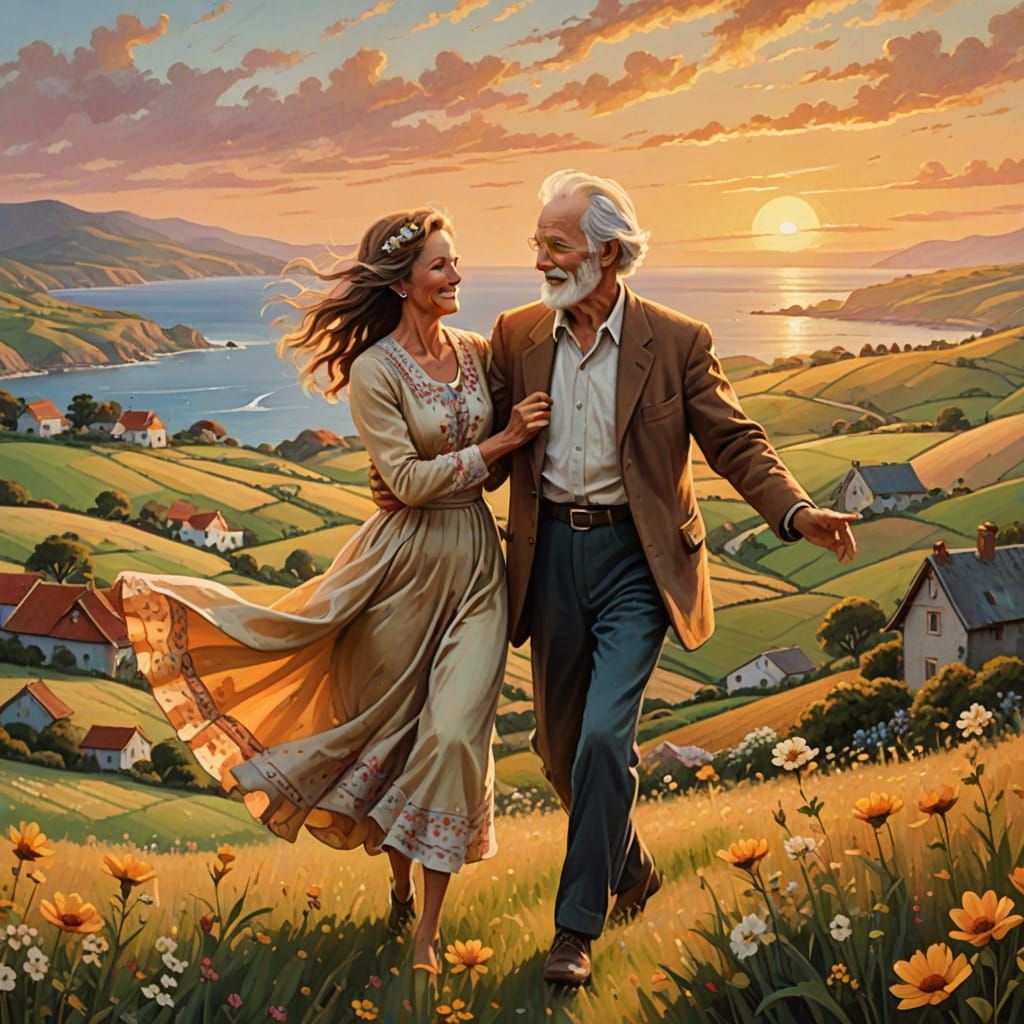 Idyllic Folk Art Scene with Golden Lighting