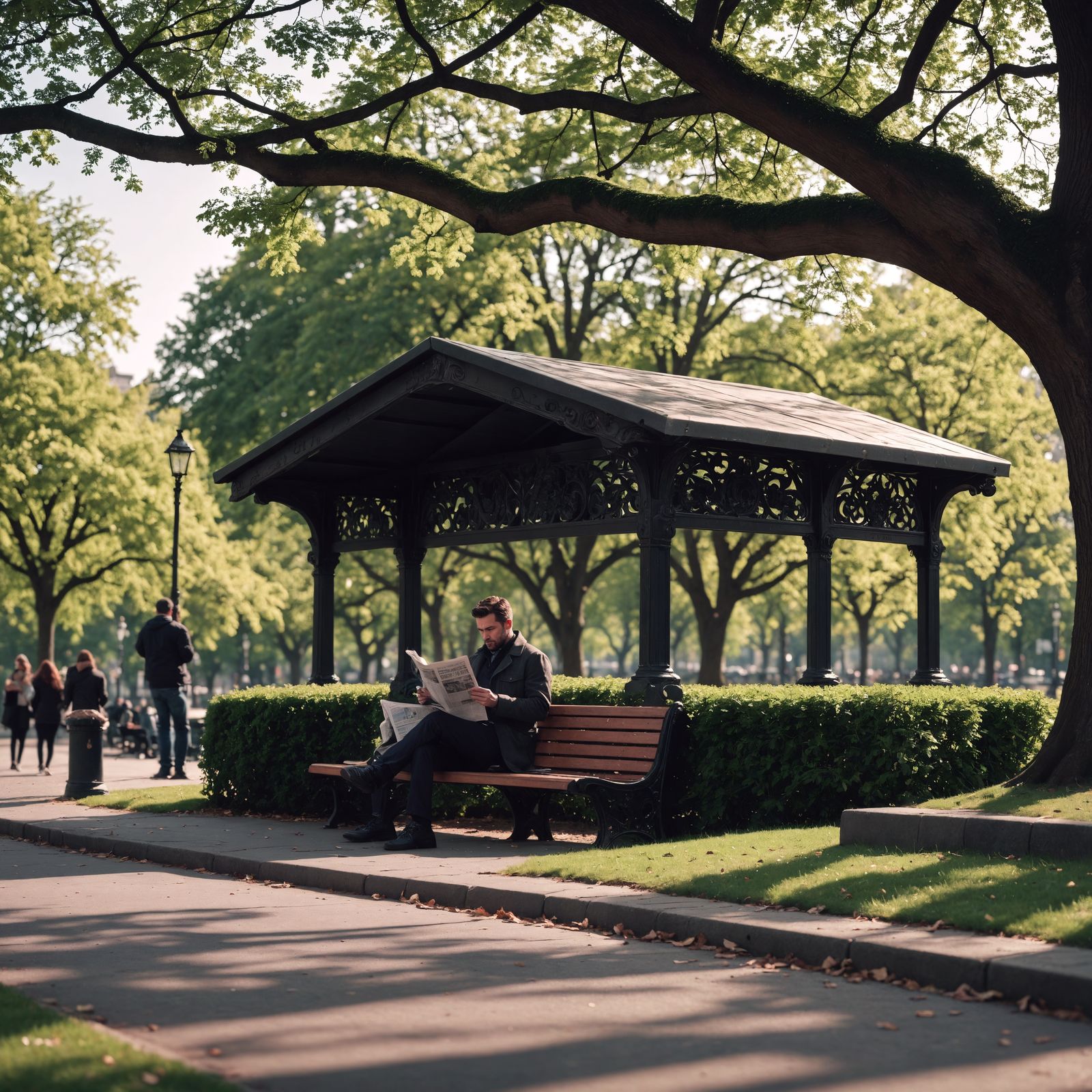 A Man Reads in Hyperrealistic Park Scene