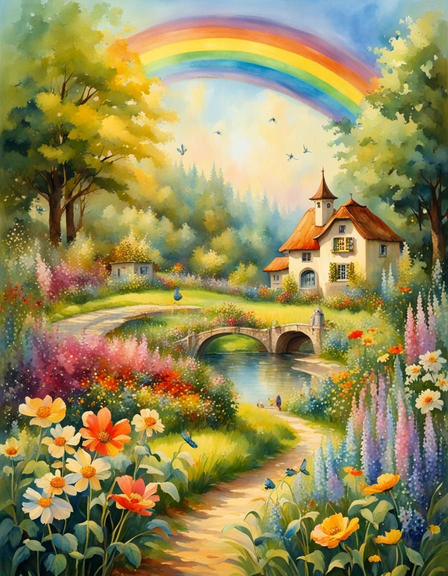 Enchanted Forest Garden Scene in Watercolor Style