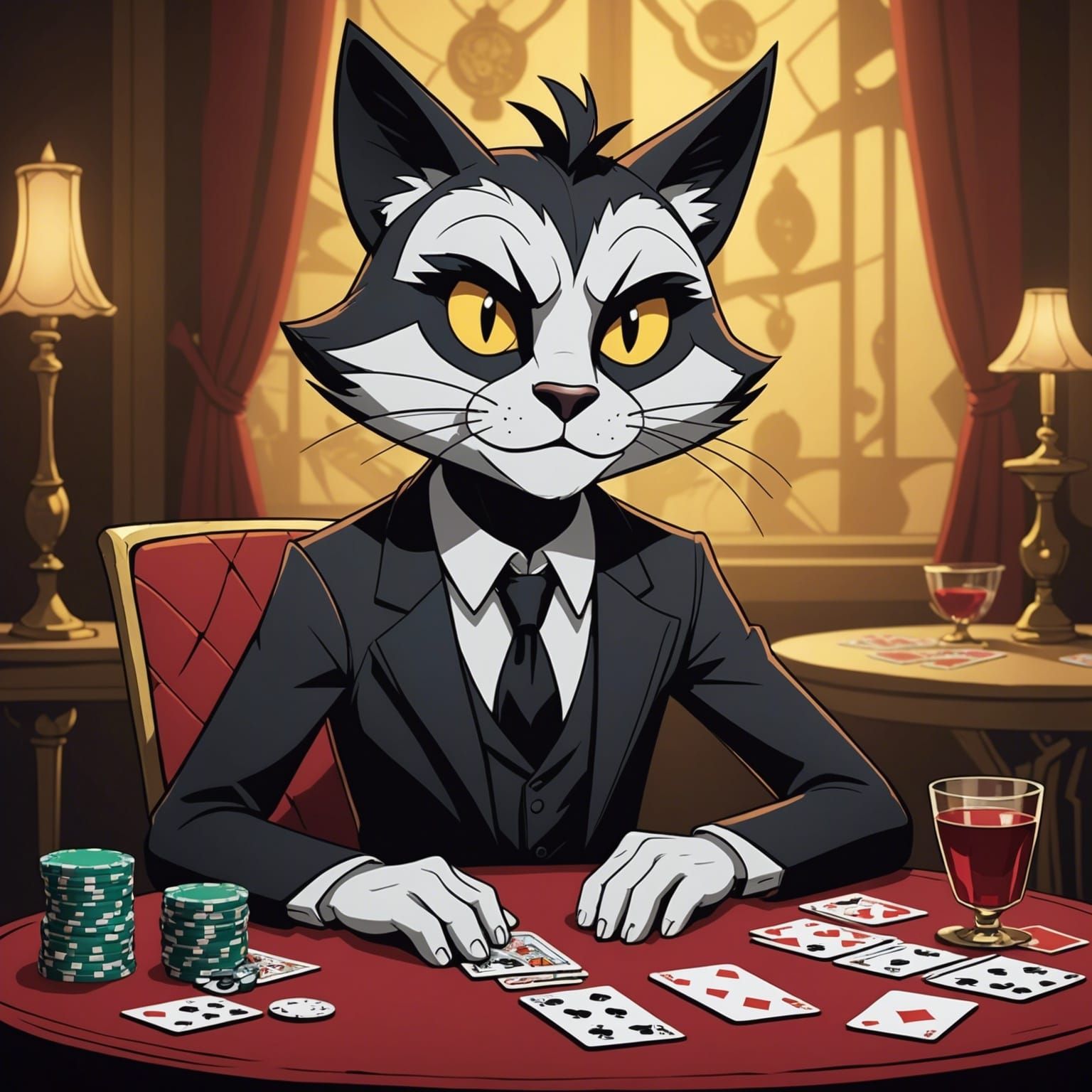 Anthropomorphic Cat Gambler in Dimly Lit Speakeasy