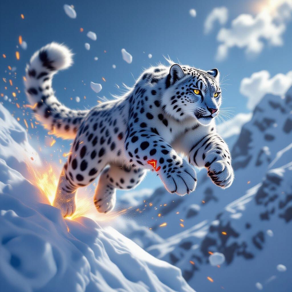 Snow Leopard Leaps Through Air in Digital Art Style
