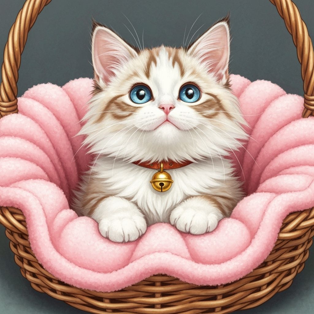 Fluffy Kitten in Wicker Basket, Miyazaki Inspired Art