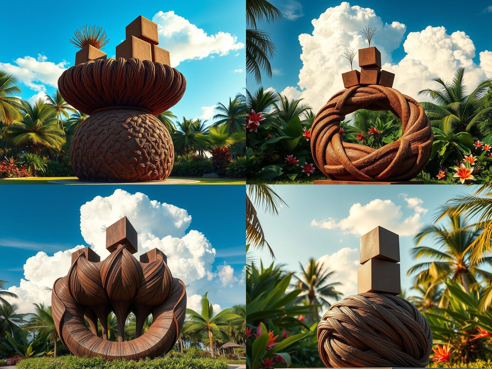 Coconut Fiber Concrete Sculpture in Tropical Garden