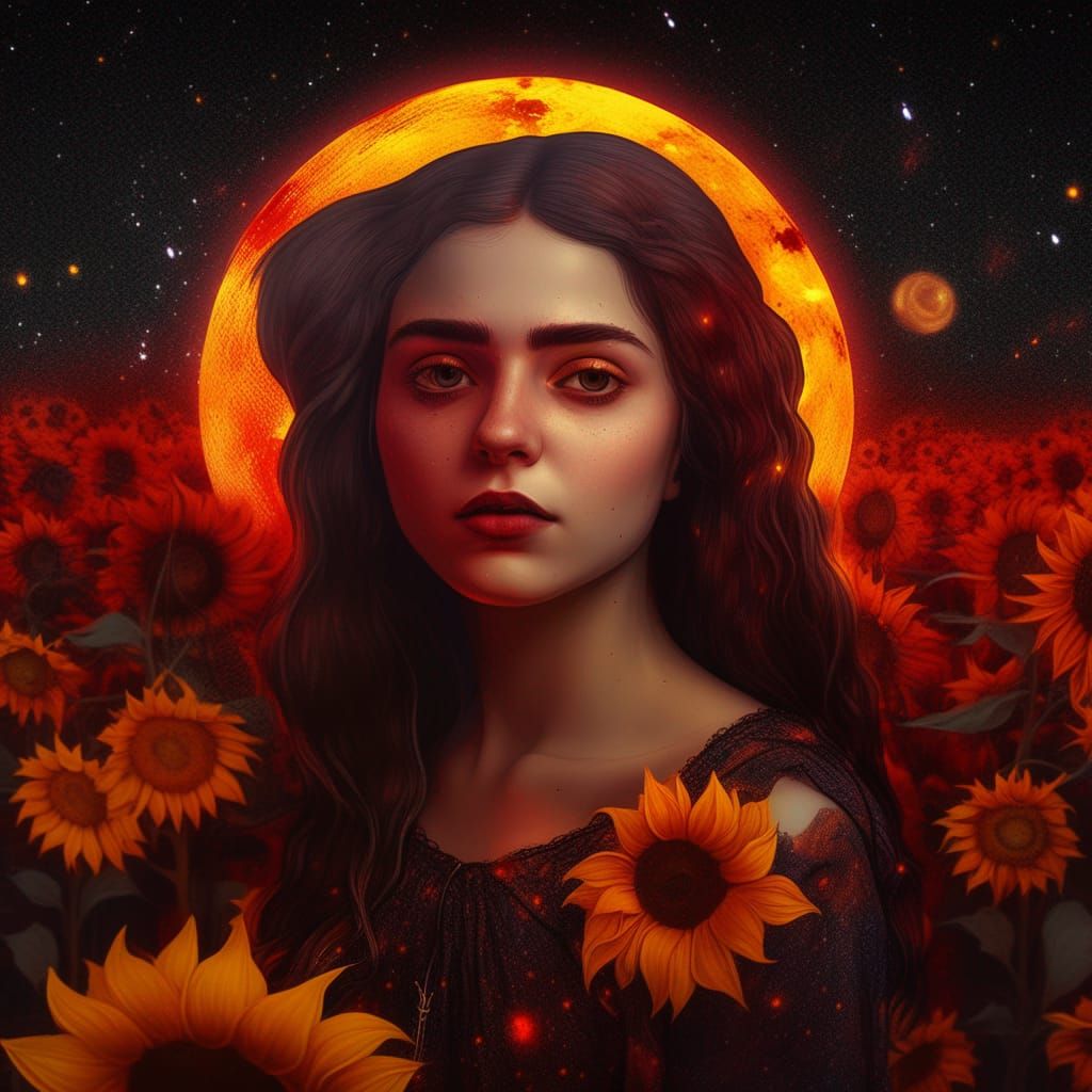 Eerie Gothic Portrait of Sad Woman with Sunflowers