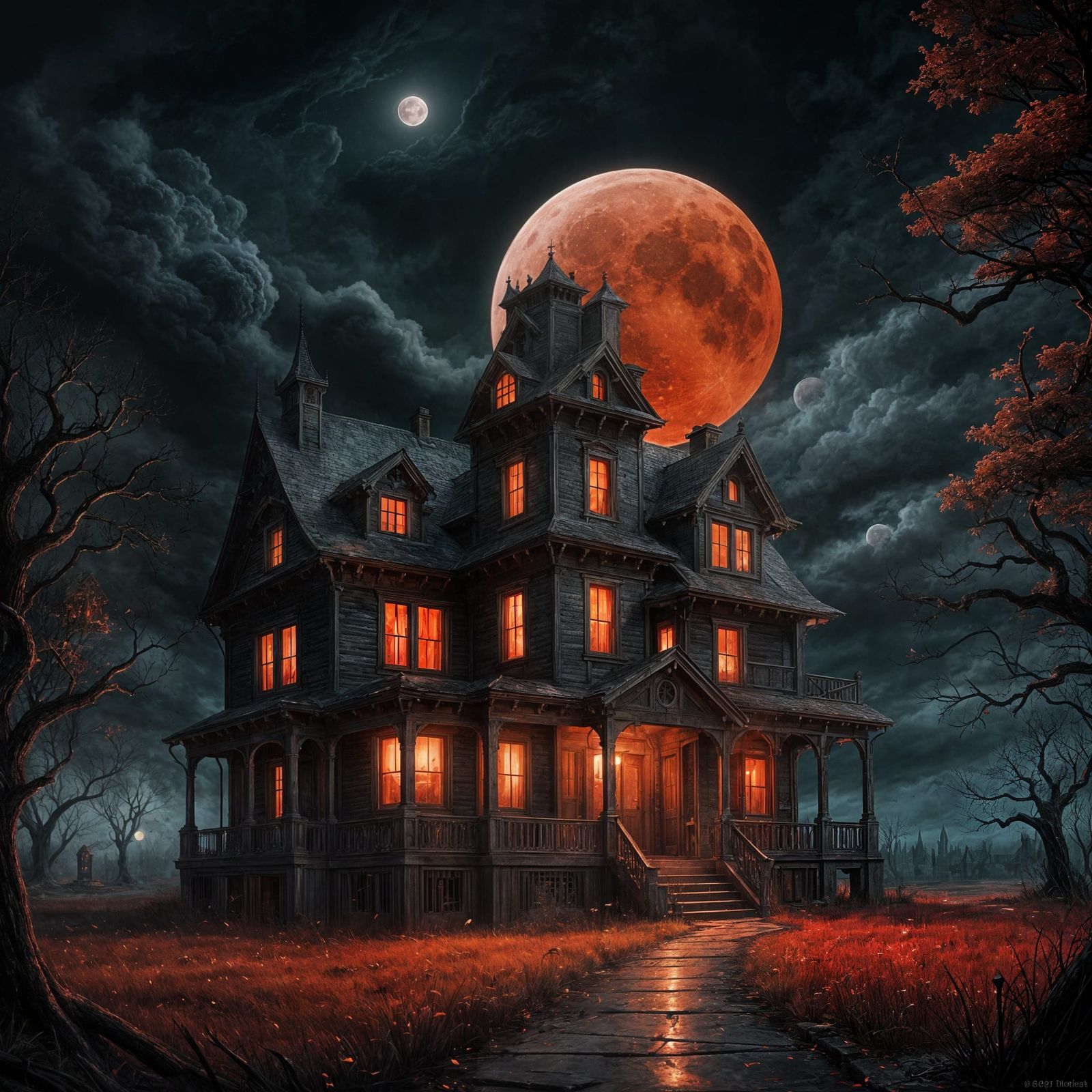Sinister Haunted House Under Blood Moon